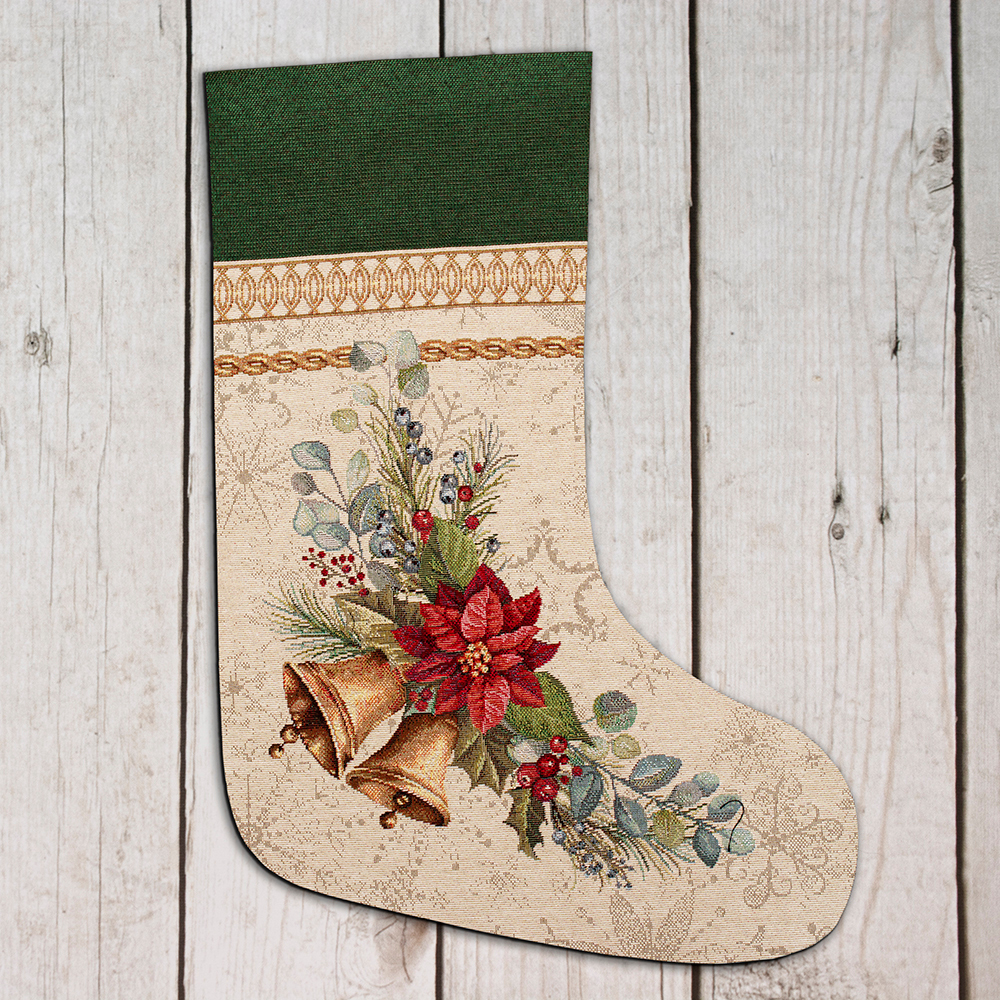 Tkanina żakard gobelinowy w formie panelu, z którego można wyciąć i uszyć świąteczne skarpety na prezenty.