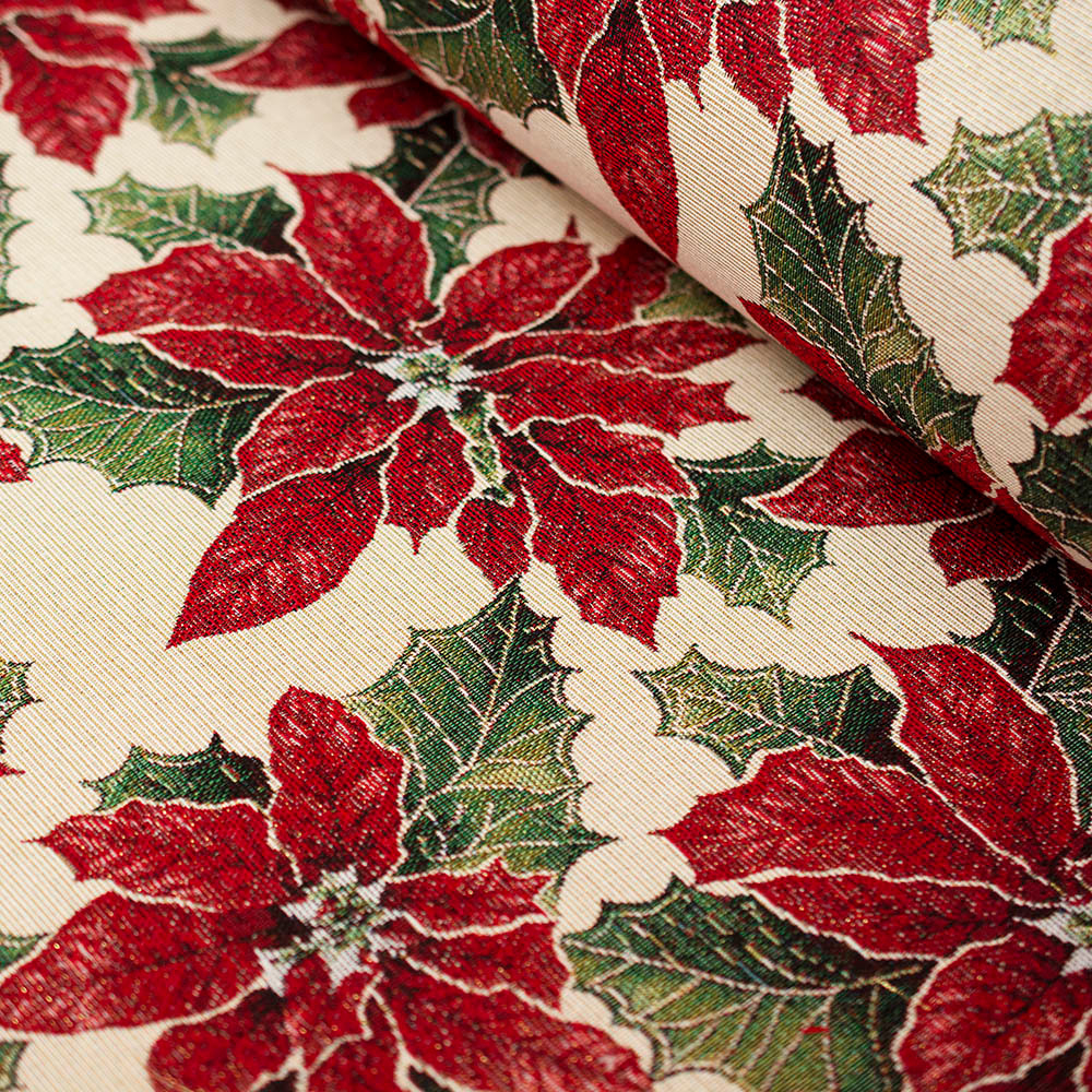 Wzorzysta tkanina dekoracyjna o pięknym, świątecznym deseniu to doskonały wybór do aranżacji wnętrz w okresie zimowym.