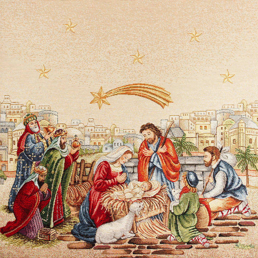 Tkanina żakard gobelinowy w formie panelu na poduszki.