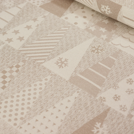 Wzorzysta tkanina dekoracyjna o pięknym, świątecznym deseniu to doskonały wybór do aranżacji wnętrz w okresie zimowym.