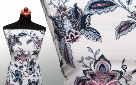 TKANINA WISKOZOWA FLOWERS SILVER DENIM/CRYSTAL PINK