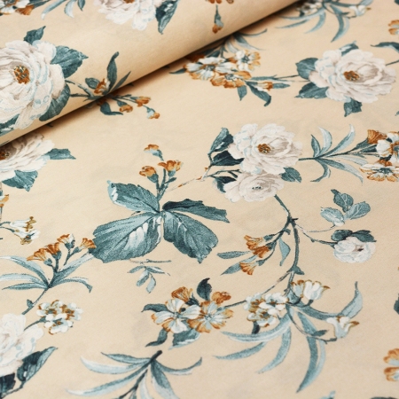 Wzorzysta tkanina dekoracyjna wykonana z mieszanki grubszej przędzy bawełnianej i syntetycznej.